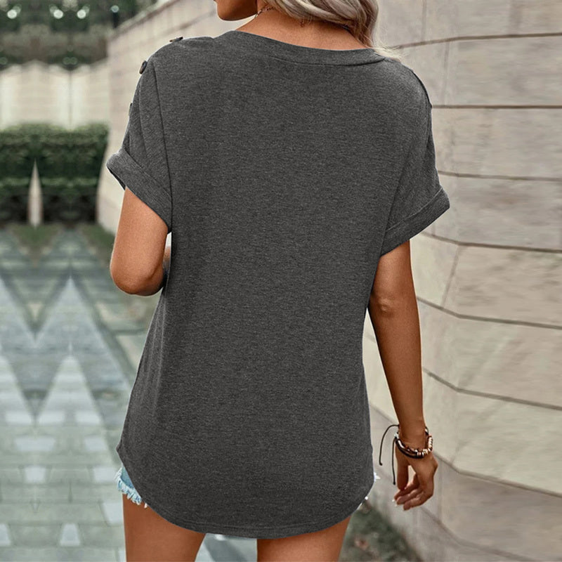 Women's T Shirts V Neck Short Sleeve Button Decor Tops Summer Loose Fit Tee Blouse
