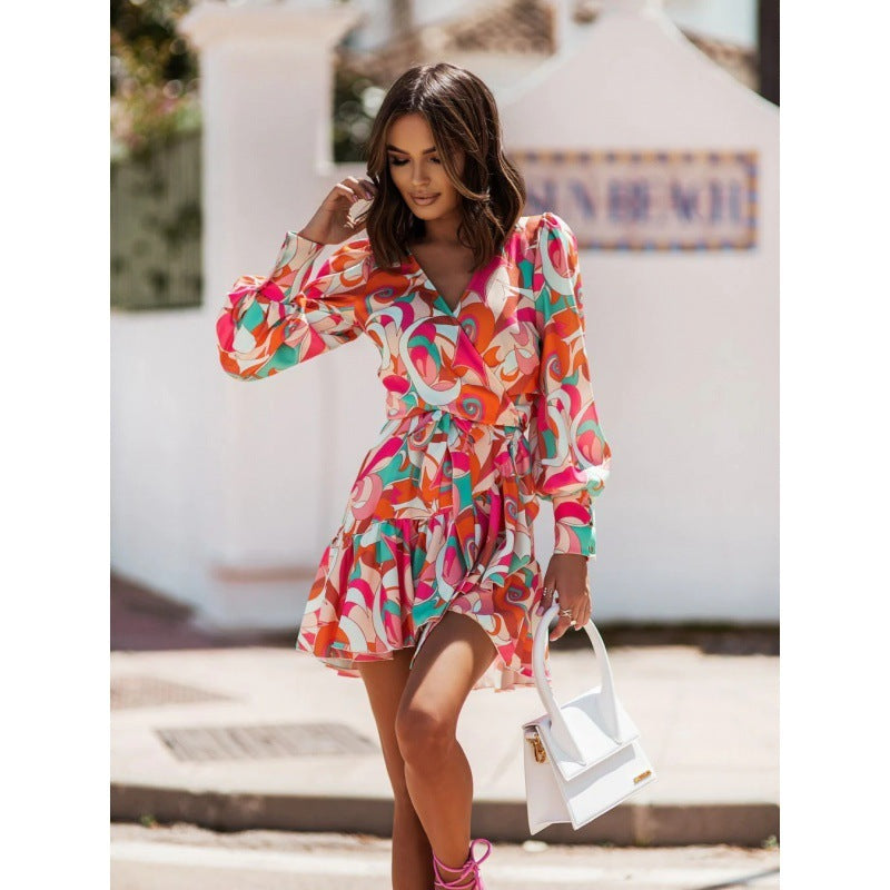 Long Sleeve V-neck Printed Waist-controlled Skirt Dress