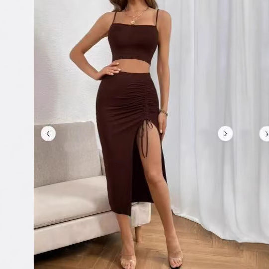 Sin City Style Slim Sleeveless Split Dress Set - Mid-Length