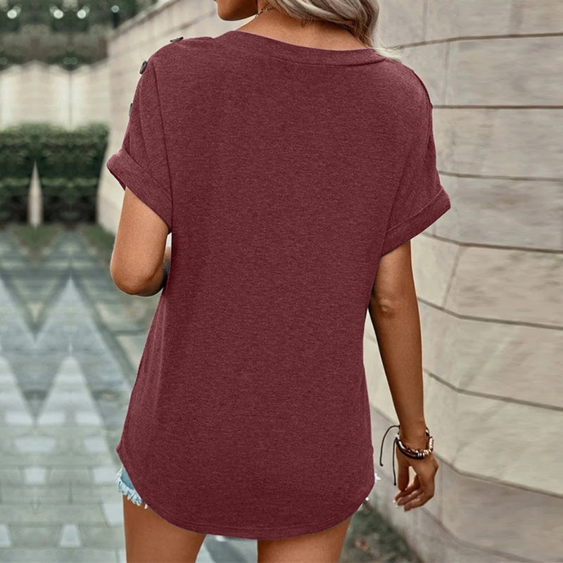 Women's T Shirts V Neck Short Sleeve Button Decor Tops Summer Loose Fit Tee Blouse