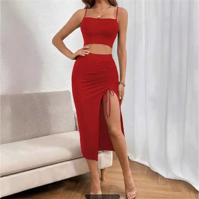 Sin City Style Slim Sleeveless Split Dress Set - Mid-Length