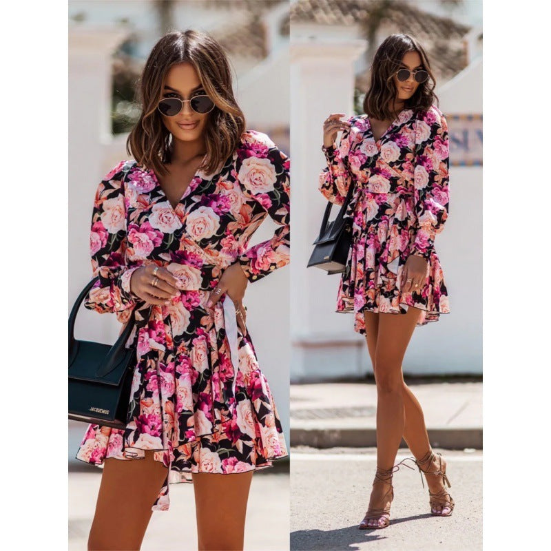 Long Sleeve V-neck Printed Waist-controlled Skirt Dress