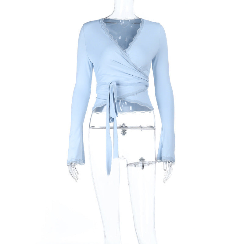 European And American Style Lace V-neck Lace Up Long Sleeve